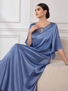 Al Najma Women's New Elegant Satin Fabric Shiny Luxurious Rhinestone Keyhole Neck Dress, Minimalist & Fashionable - Purple - View 7