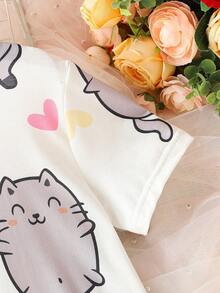 Tween Girls' Cute Cartoon Printed Short Sleeve Loose Sleep Dress, Homewear