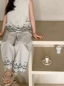 DAZY 两件套女童条纹无袖上衣和阔腿裤套装，秋季穿搭 - 杏色 - 查看 10