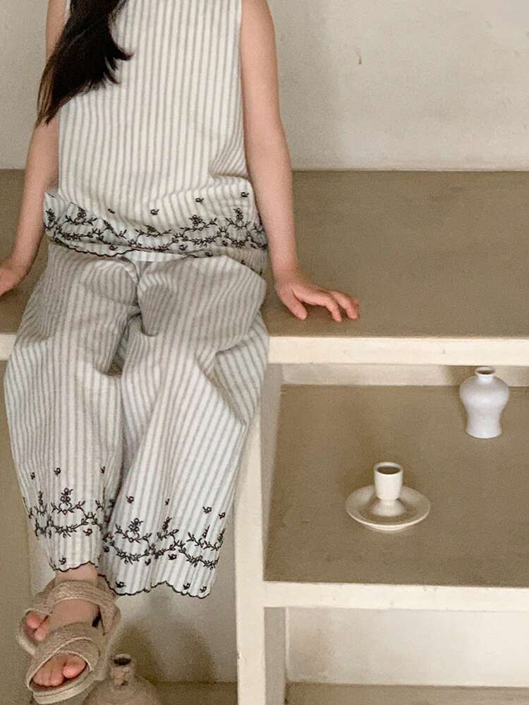 2pcs Young Girls Striped Sleeveless Shirt And Wide Leg Pants Set, Fall Outfit Summer