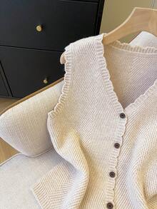 Franclia 休闲宽松V领无袖毛边杏色女士春夏针织上衣，春夏女装休闲衬衫，杏色夏季开衫，女士毛衣背心，背心衬衫，针织上衣 - 杏色 - 查看 4