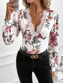 SHEIN Clasi 豹纹蕾丝V领女士长袖连体衣 - 彩色 - 查看 4