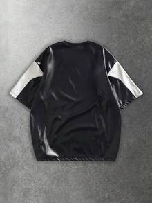 ROMWE MEN Essentials Áo thun da PU nam kiểu dáng thường ngày phối màu tương phản - màu đen - Xem 2