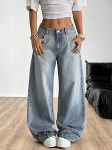 SHEIN EZwear 女士口袋宽松阔腿休闲百搭牛仔裤 - 淺色水洗藍 - 查看 7