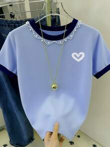 Resyla Women's Casual Rhinestone Decor Contrast Color Round Neck Short Sleeve T-Shirt, Summer - Multicolor - View 3