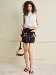 Écloséra 复古中国风刺绣口袋装饰修身女裙 - 彩色 - 查看 6