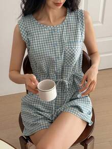 DAZY Plaid Cinched Waist Cropped Jumpsuit For Women, Loungewear