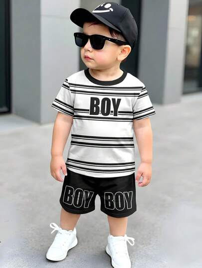 SHEIN 2pcs/Set Striped Print Round Neck Short Sleeve T-Shirt And Shorts Set For Young Boys
