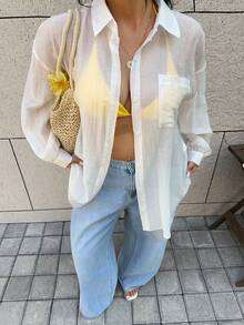 GalTyme 大码女式纯色落肩长袖单排扣休闲衬衫 - 白色 - 查看 5