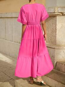 Maija Vestido midi de mujer casual con parches de encaje, fruncido, de manga corta y abotonadura sencilla, adecuado para primavera y vacaciones, estilo bohemio - Rosa Fucsia - Ver 8