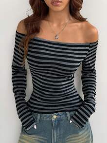 Coolane 女士加大码春夏休闲风日常外出灰色和黑色条纹针织露肩长袖T恤 - 黑色 - 查看 3