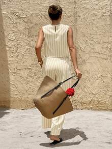 SHEIN Frenchy Women's Casual Vacation Striped Print Sleeveless Top And Wide Leg Pants 2 Pieces Set, Suitable For Spring, Summer, Autumn - Beige - View 5