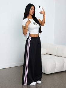 SHEIN PETITE 黑色针织阔腿裤，女士休闲运动裤，侧边饰有粉色条纹 - 黑色 - 查看 7