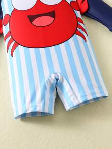 SHEIN Bubblio Áo tắm liền thân dài tay họa tiết cua dễ thương cho bé trai/bé gái, phối màu xanh sọc tương phản, thích hợp cho kỳ nghỉ, bãi biển, lướt sóng, đồ bơi dài tay cho bé trai. - Màu xanh lam - Xem 6
