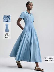 Ontre 2026春夏新款石板蓝长袖收腰喇叭下摆娃娃领连衣裙，适合现代都市派对、返校季、都市简约休闲日常穿着、波西米亚风、度假、节日、情人节狂欢、女士沙滩装、优雅派对、女士正式场合礼服 - 淺藍色 - 查看 1