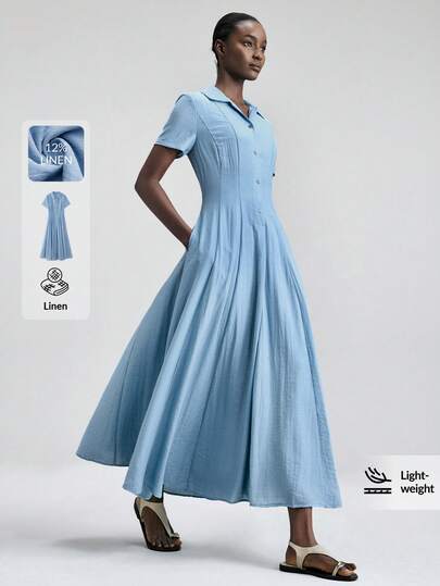 Ontre 2026 Vår/Sommar Ny Gråblå Långärmad Maxiklänning med Åtsittande Midja och Kortärmad Krage, Lämplig För Moderna Urbana Fester, Tillbaka Till Skolan, Urban Minimalistisk Vardagskläder, Bohemisk Stil, Semester, Högtider, Alla hjärtans dag Karneval, Dam Strandfest Elegant