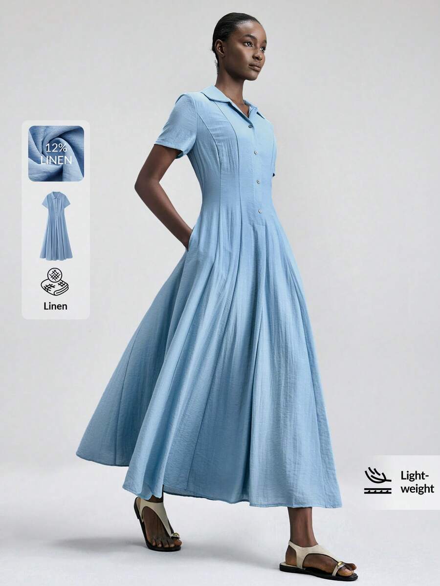 Ontre 2026春夏新款石板蓝长袖收腰喇叭下摆娃娃领连衣裙，适合现代都市派对、返校季、都市简约休闲日常穿着、波西米亚风、度假、节日、情人节狂欢、女士沙滩装、优雅派对、女士正式场合礼服 - 淺藍色 - 查看 1