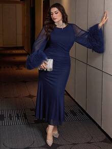 Modelyn Elegant Solid Color Mesh Flared Sleeve Waist Ruched A-Line Plus Size Dress, Suitable For Spring And Autumn - Navy Blue - View 8