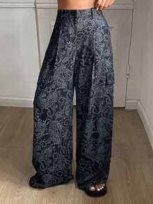 DAZY 女士宽松休闲阔腿裤，带口袋，腰果花印花，适合春秋季度假穿着 - 藏蓝色 - 查看 1