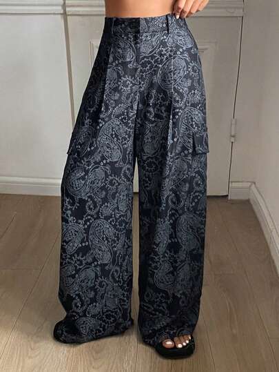 DAZY Women's Loose Casual Wide Leg Pants With Pockets, Cashew Flower All-Over Print, Suitable For Spring And Autumn Vacation