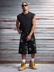 AXEPEAK Men's Fashionable Rhinestone Embellished Casual Shorts - Black - View 5