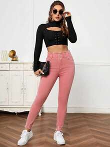 EMERY ROSE Women's Fashion Casual Washed Distressed Frayed Hem Skinny Jeans - Pink - View 6