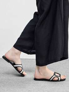 CUCCOO BIZCHIC Women's Square Toe Flats, Elegant Casual Simple Comfortable Slip-On PU Leather Sandals For Work Commute, Apricot - Black and White - View 3
