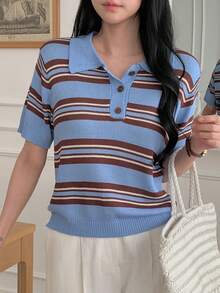 DAZY Women's Polo Collar Short Sleeve Striped Casual Pullover Sweater - Blue - View 3