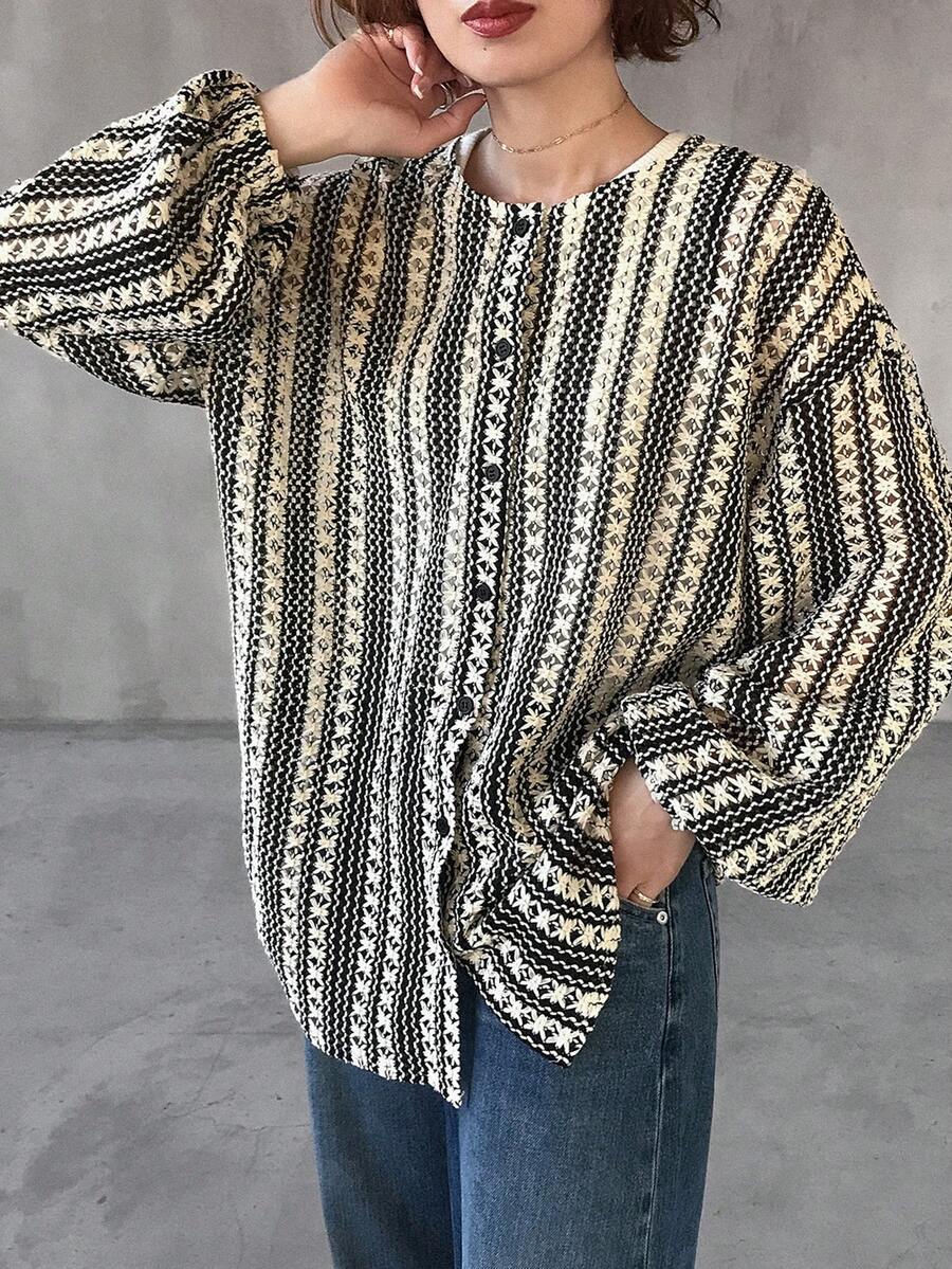 FRIFUL 女士圆领开襟纹理面料外套 - 米色 - 查看 1