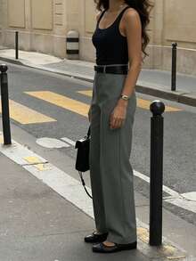 Almamuse 女士休闲日常通勤简约纯色前缝宽松直筒裤，不含腰带 - 灰色 - 查看 5