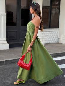 Selianne 橄榄绿抹胸A字长裙 - 女士春夏新款，适合休闲、度假、日常办公、聚会和街头穿搭 - 綠色 - 查看 1