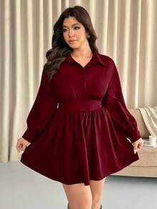 Vionelle 大码纯色收腰长袖梭织衬衫领连衣裙，秋冬款 - 酒紅色 - 查看 4