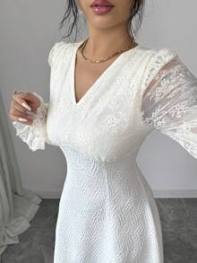 Modelyn Women's Apricot Woven Contrast Lace Elegant Cocktail Party Dress French Style Dress Elegant White Dress Lace Maxi Dress - Apricot - View 2