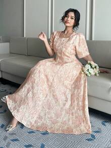 Dazy Plus 大码女式印花方领短袖收腰长款派对连衣裙，粉色，春夏吊带裙 - 淺粉色 - 查看 6