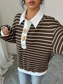 Selianne Brown Striped Long-Sleeve Sweatshirt/T-Shirt Top With Metal Buckle Accents - Fashionable Casual For Daily Outings, Christmas & New Year, Women's Autumn & Winter Wear - Brown - View 3