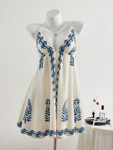 Elamini Summer Vacation Print Waist-Cinching A-Line Cami Dress - Navy Blue - View 5