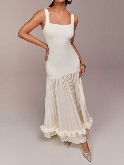 COSMINA Vestido de mujer de cuello cuadrado sin mangas, con tela elástica de punto y parches, diseño plisado, detalles con volantes, vestido extra largo para fiestas, cócteles, festivales de primavera, San Valentín, citas, color albaricoque, verano, temporada de bodas, invitada de boda, romántico