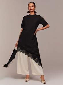 COSMINA 圆领短袖T恤裙，不对称下摆饰有蕾丝花边，独特T恤，时尚单品，夏季女式T恤，黑色T恤，休闲女式T恤 - 黑色 - 查看 1