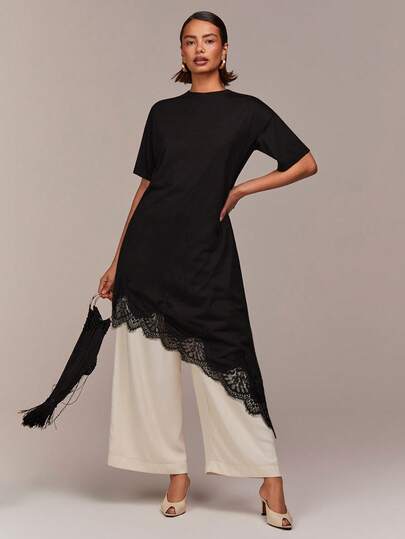 COSMINA Round Neck Short Sleeve T-Shirt Dress, Asymmetric Hem With Lace Trim Design, Unique T-Shirt, Fashion Item, Summer Women's T-Shirt, Black T-Shirt, Casual Women's T-Shirt