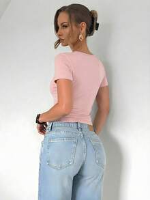 Almamuse Women's Solid Color Short Sleeve Ruched Fitted Asymmetrical T-Shirt Pink Top - Pink - View 2