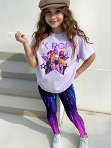 Bộ 2 món dành cho bé gái tuổi teen, phong cách thường ngày, sáng tạo, cá tính, tươi mới, sang trọng, tối giản, in hình ngôi sao năm cánh nhiều màu sắc, hiệu ứng ombre tím, chữ cái và khẩu hiệu. Áo thun và quần thoải mái, thích hợp mặc hàng ngày, mùa xuân, hè và thu. - Nhiều màu - Xem 5