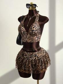 Zestiva 3pcs/Set Leopard Print Halter Top + Triangle Bikini Bottoms + Ruched Drawstring Waist Floral Hem Skirt, Beach Vacation Casual Swimwear - Multicolor - View 4