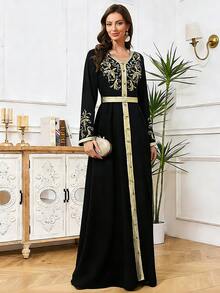 INAWLY 女士V领印花修身长袖连衣裙 - 黑色 - 查看 1