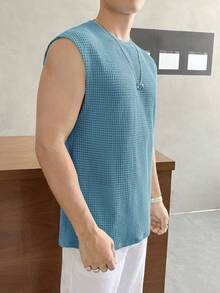SWAVVY Men's Solid Color Crew Neck Sleeveless Waffle Knit Tank Top,Casual Breathable Mesh Loungewear Shirt,Blue Summer Top For Men - Blue - View 5