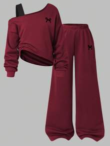 少女秋冬卫衣套装，斜肩带拼接短款蝴蝶结印花上衣 + 同款弹力腰直筒裤，两件套休闲装 - 紅色 - 查看 7