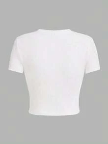 SHEIN Tween Girl White Crew Neck Cropped Fitted Short Sleeve Floral & Letter Print T-Shirt Top, Young Girl Casual Comfortable Fashion Graphic Tee Suitable For Daily Wear, Outings, School - White - View 2