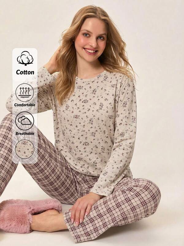 Loomlin Women's Ditsy Floral Round Neck Long Sleeve Top And Plaid Pants Pajama Set