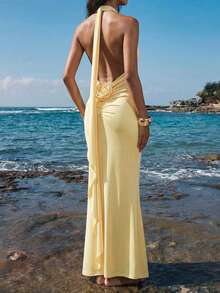 Nevyona Đầm ôm sát, co giãn, cổ chữ V sâu, màu vàng kem, kiểu dáng hoa sen, gợi cảm, thời trang và thanh lịch, thích hợp cho mùa xuân và mùa hè, họa tiết hoa 3D, thiết kế ruy băng, thời trang và thanh lịch. Phù hợp cho mặc hàng ngày, đám cưới, tiệc tùng, đi làm, lễ tốt nghiệp, lễ hội, kỳ nghỉ. - Màu vàng - Xem 2