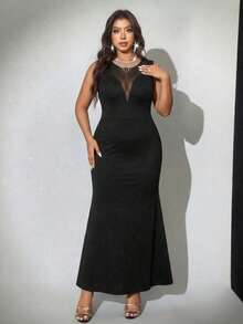Viva Relle Vestido negro de malla transparente para mujer de talla grande, con dobladillo de sirena ajustado, adecuado para citas románticas, reuniones elegantes y un estilo sexy y maduro - Negro - Ver 4