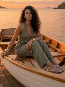 CAJUNI Women's Summer Vacation Halter Backless Army Green Top And Pants Set - Green - View 3